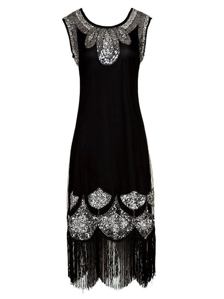 Black 1920s Sequined Fringe Gatsby Flapper Dress, Black / 2XL