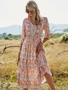 Women's Floral Boho Dress Half Sleeve V Neck Beach Party Dress, Apricot / L Women's Floral Boho Dress Half Sleeve V Neck Beach Party Dress, Apricot / L