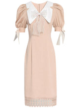 Load image into Gallery viewer, Pink Bow Collar Puff Sleeve 1960S Vintage Dress