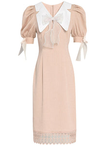 Pink Bow Collar Puff Sleeve 1960S Vintage Dress