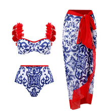 Load image into Gallery viewer, Floral Print Flower Strap Two Pieces With Bathing Suit Wrap Skirt