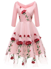 Load image into Gallery viewer, Solid Color Rose Embroidered Sweetheart A line Vintage Dress