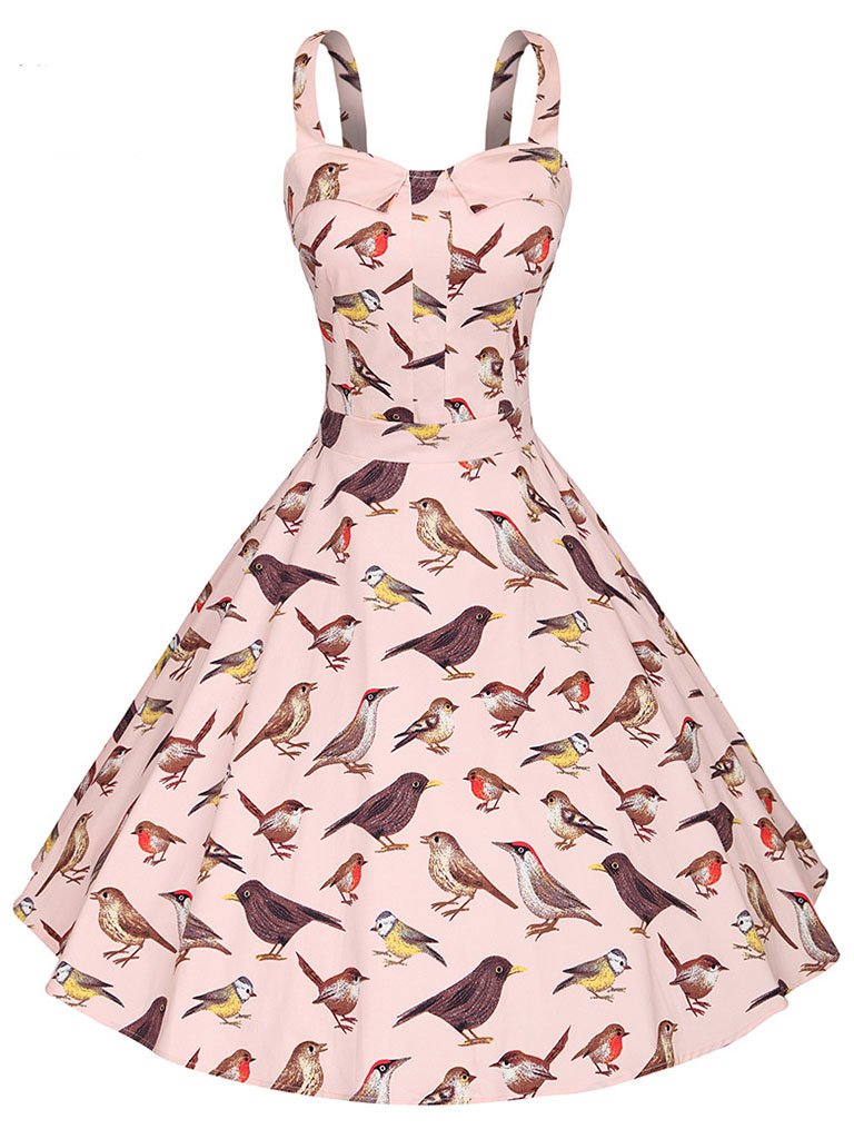 Sweet Birds Printed Cotton 50s Flapper Dress, Pink / M Sweet Birds Printed Cotton 50s Flapper Dress, Pink / M