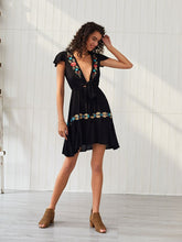 Load image into Gallery viewer, Women&#39;s Boho Dress Deep V Neck Embroidered Short Sleeve Midi Length Dress