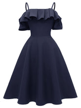 Load image into Gallery viewer, Navy 1950s Spaghetti Strap Ruffles Vintage Dress