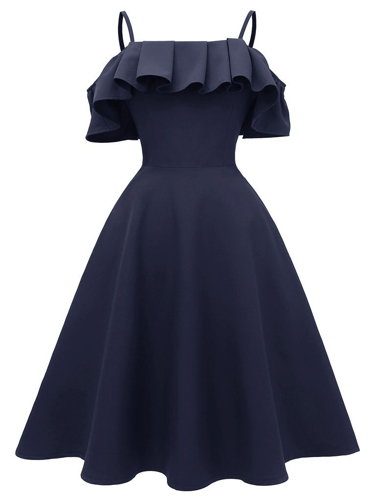 Navy 1950s Spaghetti Strap Ruffles Vintage Dress