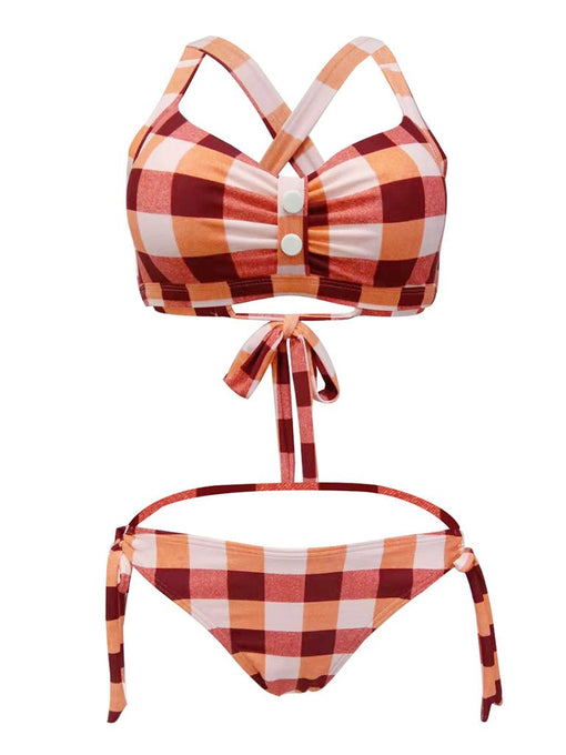 High Waisted Sexy Retro Style Backless Plaid Two Pieces Bikini Sets