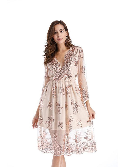 Deep V Sequin  Half Sleeve Party Dress