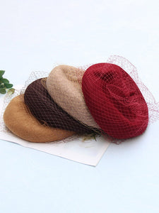 Wool Felt Beret Hat Cap With Longer Veil