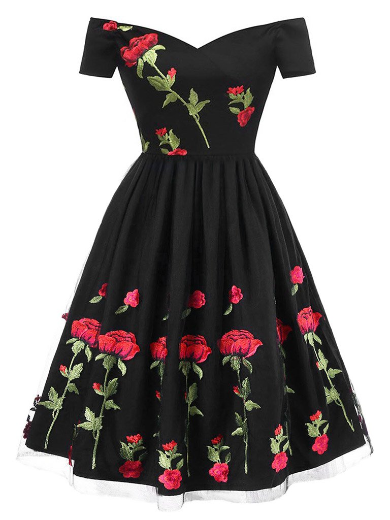 Off Shoulder 1950s Rose Embroidery Dress, Black / S Off Shoulder 1950s Rose Embroidery Dress, Black / S