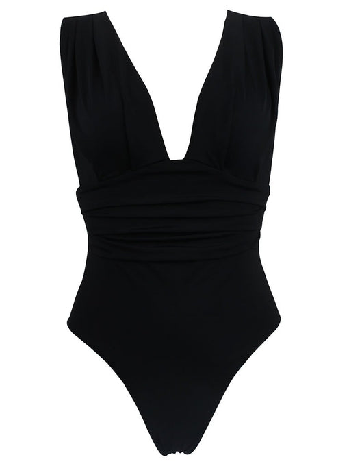 Sexy Deep V Retro Style Solid Black One Piece Bikini