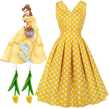 Load image into Gallery viewer, Yellow Polka Dots V Neck 1950S Vintage Belle Style Swing Dress