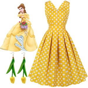 Yellow Polka Dots V Neck 1950S Vintage Belle Style Swing Dress