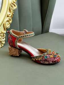 Luxurious Rhinestone Embroidery Floral Block Heel Ankle Strap Vintage Shoes