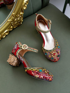 Luxurious Rhinestone Embroidery Floral Block Heel Ankle Strap Vintage Shoes