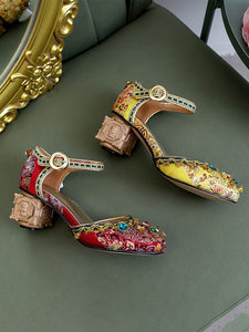 Luxurious Rhinestone Embroidery Floral Block Heel Ankle Strap Vintage Shoes