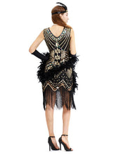 Load image into Gallery viewer, Black Silver 1920s V Neck Sequined Flapper Dres