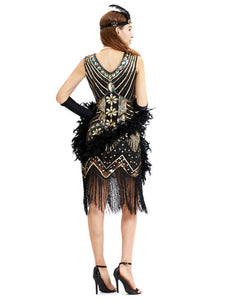 Black Silver 1920s V Neck Sequined Flapper Dres