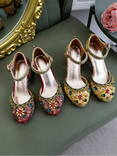 Load image into Gallery viewer, Luxurious Rhinestone Embroidery Floral Block Heel Ankle Strap Vintage Shoes