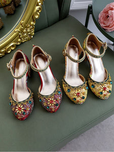 Luxurious Rhinestone Embroidery Floral Block Heel Ankle Strap Vintage Shoes