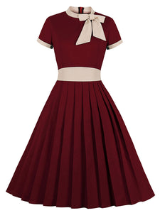dress vintage BowKnot Collar Vintage 1950S Dress, Wine red / S