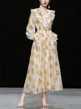 Load image into Gallery viewer, Light Yellow Floral Printed VNeck Ruffle 1950S Vintage Dress