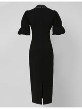 Load image into Gallery viewer, Black Semi-Sheer With Artificial Diamonds Puff Sleeve Vintage 1940S Dress
