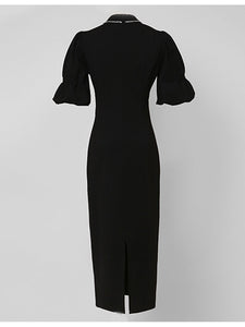 Black Semi-Sheer With Artificial Diamonds Puff Sleeve Vintage 1940S Dress