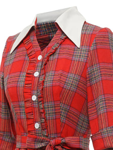Red Plaid Ruffles 3/4 Sleeve 1950S Vintage Dress With Button