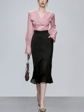 Load image into Gallery viewer, 2PS Pink V Neck Navy Sweet Style Shirt And Black Mermaid Skirt Suit