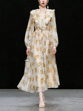 Load image into Gallery viewer, Light Yellow Floral Printed VNeck Ruffle 1950S Vintage Dress