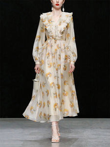 Light Yellow Floral Printed VNeck Ruffle 1950S Vintage Dress