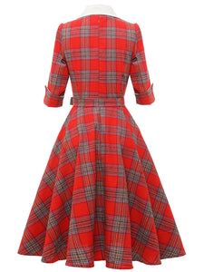 Red Plaid Ruffles 3/4 Sleeve 1950S Vintage Dress With Button