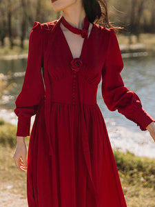 Vinatge Red Handmade Rose Puff Sleeve Swing Velvet Dress