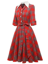 Load image into Gallery viewer, Red Plaid Ruffles 3/4 Sleeve 1950S Vintage Dress With Button