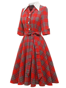 Red Plaid Ruffles 3/4 Sleeve 1950S Vintage Dress With Button