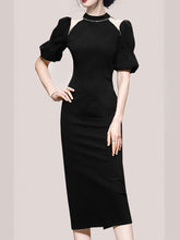 Load image into Gallery viewer, Black Semi-Sheer With Artificial Diamonds Puff Sleeve Vintage 1940S Dress