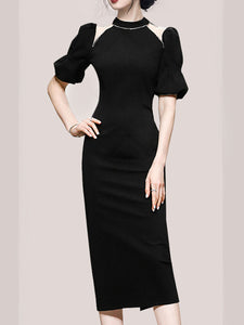 Black Semi-Sheer With Artificial Diamonds Puff Sleeve Vintage 1940S Dress