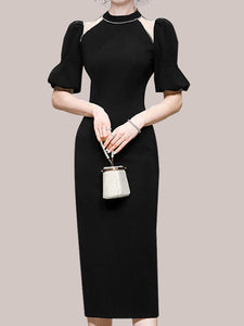 Black Semi-Sheer With Artificial Diamonds Puff Sleeve Vintage 1940S Dress