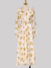 Load image into Gallery viewer, Light Yellow Floral Printed VNeck Ruffle 1950S Vintage Dress