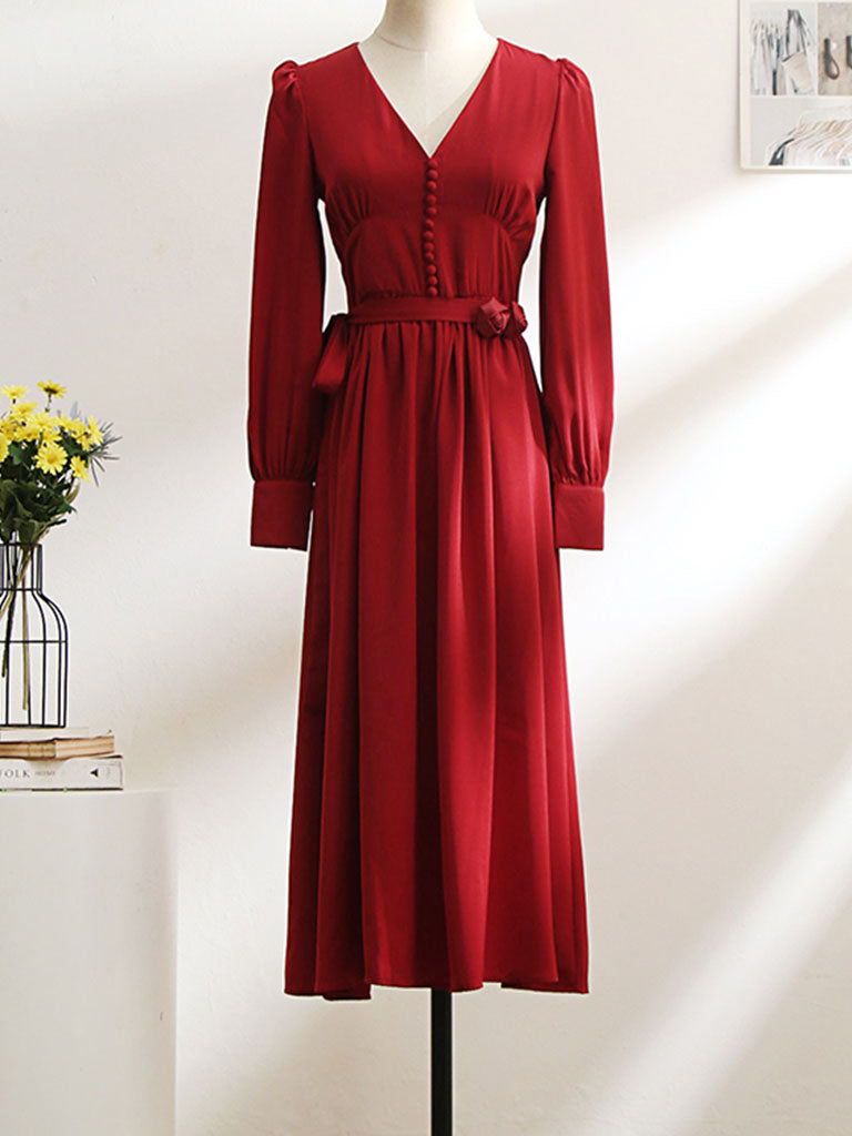 long sleeve swing dress puff sleeves Vinatge Red Handmade Rose Puff Sleeve Swing Velvet Dress – Jolly Vintage