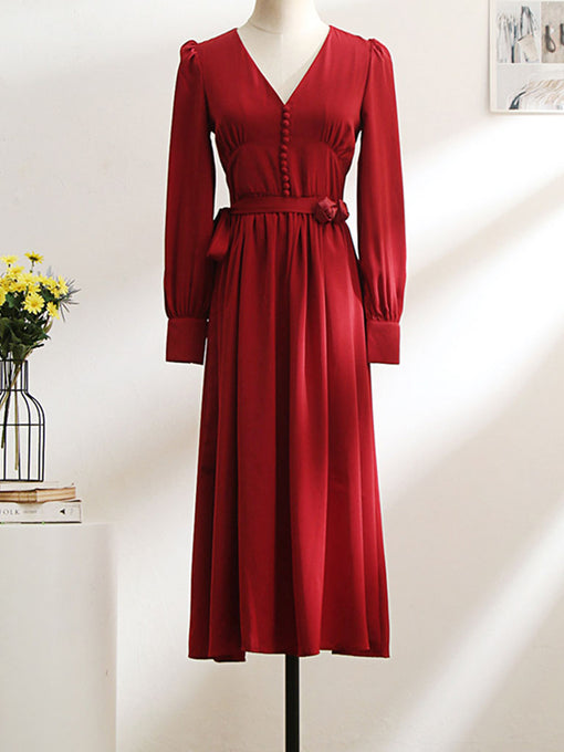 Vinatge Red Handmade Rose Puff Sleeve Swing Velvet Dress