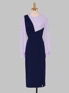 Lilac And Navy Lantern Sleeve Slit Dress Vintage 1940S Dress