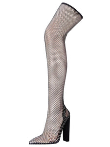 High Heel Pointed Toes Luxury Bling Rhinestone Mesh Sandals Retro High Boots Shoes