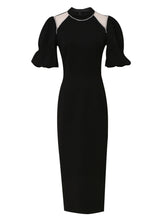 Load image into Gallery viewer, Black Semi-Sheer With Artificial Diamonds Puff Sleeve Vintage 1940S Dress