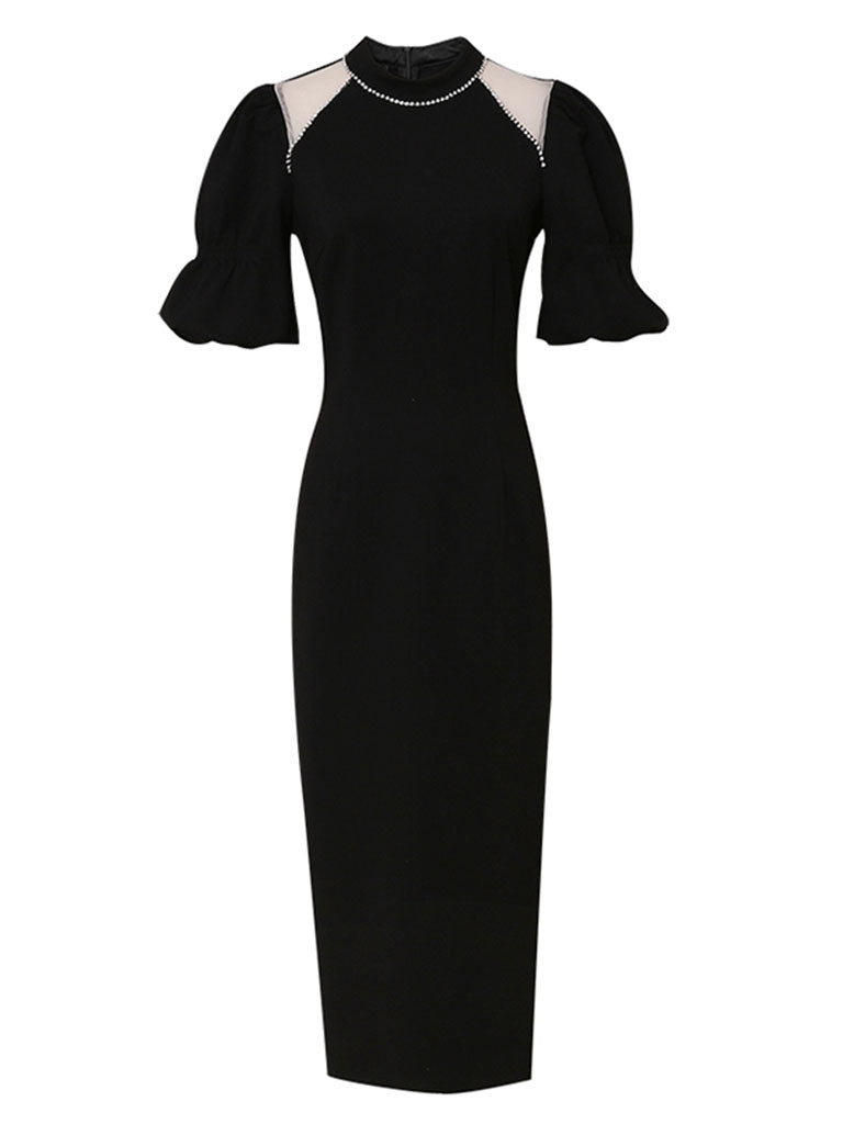 Black Semi-Sheer With Artificial Diamonds Puff Sleeve Vintage 1940S Dress