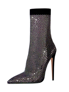 High Heel Pointed Toes Luxury Bling Rhinestone Mesh Sandals Retro Short Boots Shoes