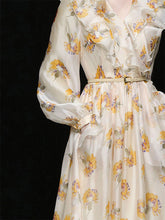 Load image into Gallery viewer, Light Yellow Floral Printed VNeck Ruffle 1950S Vintage Dress