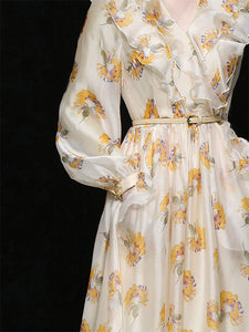 Light Yellow Floral Printed VNeck Ruffle 1950S Vintage Dress