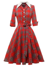 Load image into Gallery viewer, Red Plaid Ruffles 3/4 Sleeve 1950S Vintage Dress With Button